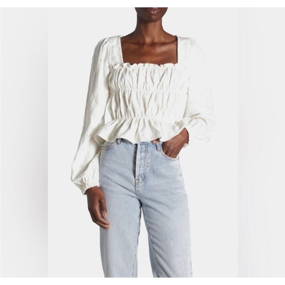 En Saison Emmie Shirred Long Sleeve Square Neck Top Medium milk maid
